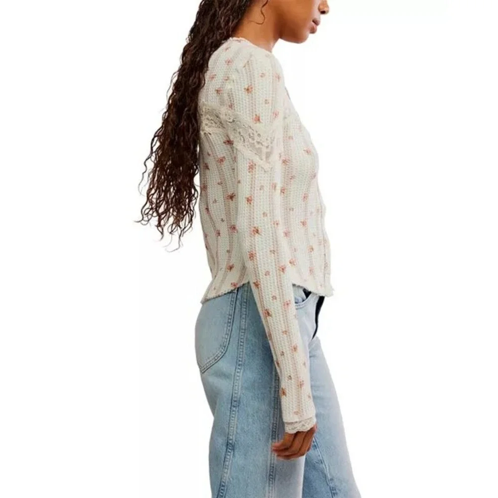 Free People Lets Party Floral Lace Trim Cotton Waffle Knit Cardi Top Cream XS